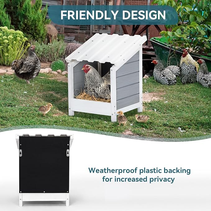 PETSFIT 1 Hole Chicken Nesting Box-All Weather PVC Roof, Natural Wood Design with Privacy Back Panel for Hens-Wall Mounted or Floor Use in Coops, Farms, Backyards,Easy to Assemble and Clean