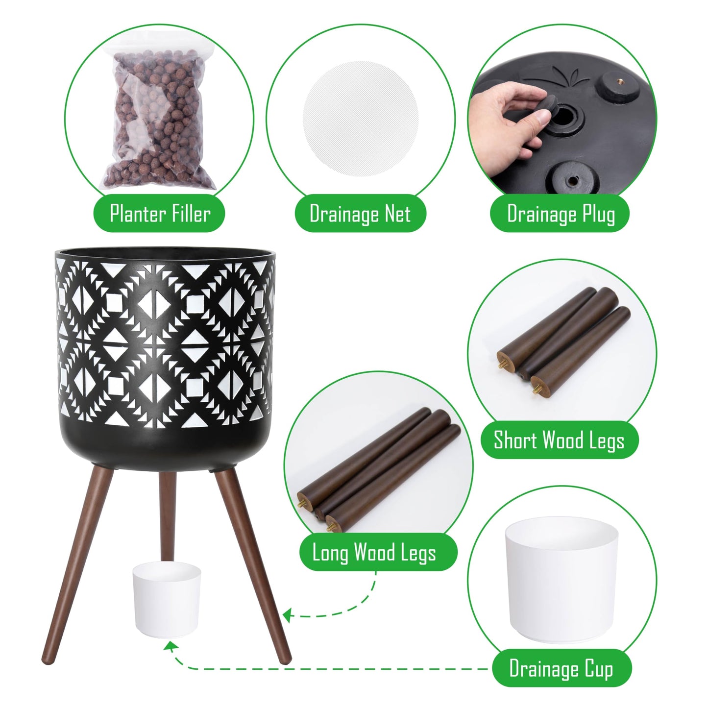D'vine Dev 16 Inch Planter Pot with Stand, Mid-Century Tall Plant Pot with Legs for Indoor Plants, White/Black, 88-G-E-4