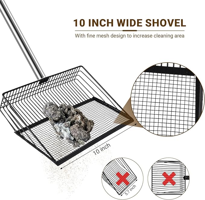 2pcs adjustable heavy 10 inch wide shovel area of chicken scooper for poop（36.6-61.8"long）and 11 tooth chicken coop rake（36.7-73"long）. Suit for cleaning chicken coops, racecourses, and sheep pens