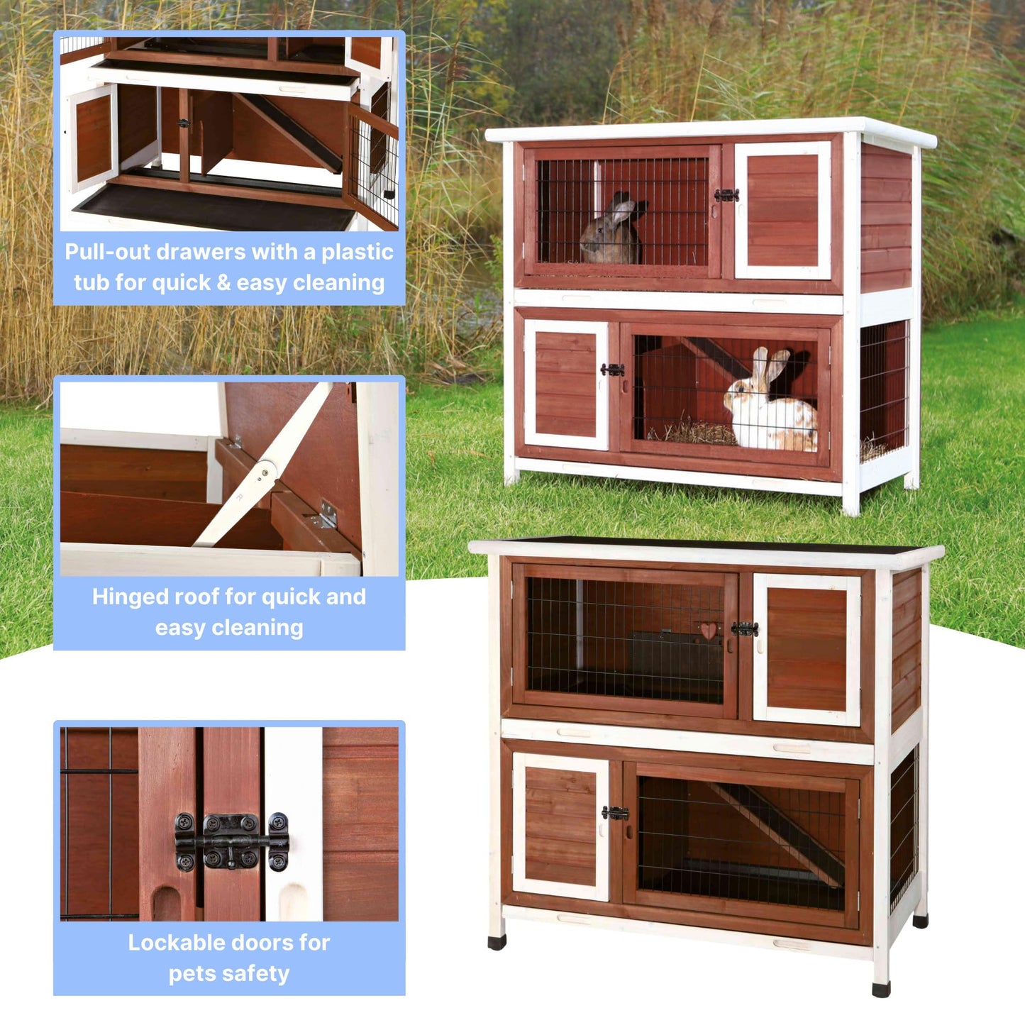 TRIXIE natura Outdoor Double Rabbit Hutch - Indoor Small Animal House, Bunny Cage with Two Sleeping & Play Areas - Includes a Non-Slip Ramp Hinged Roof & Two Pull-Out Trays - in Auburn