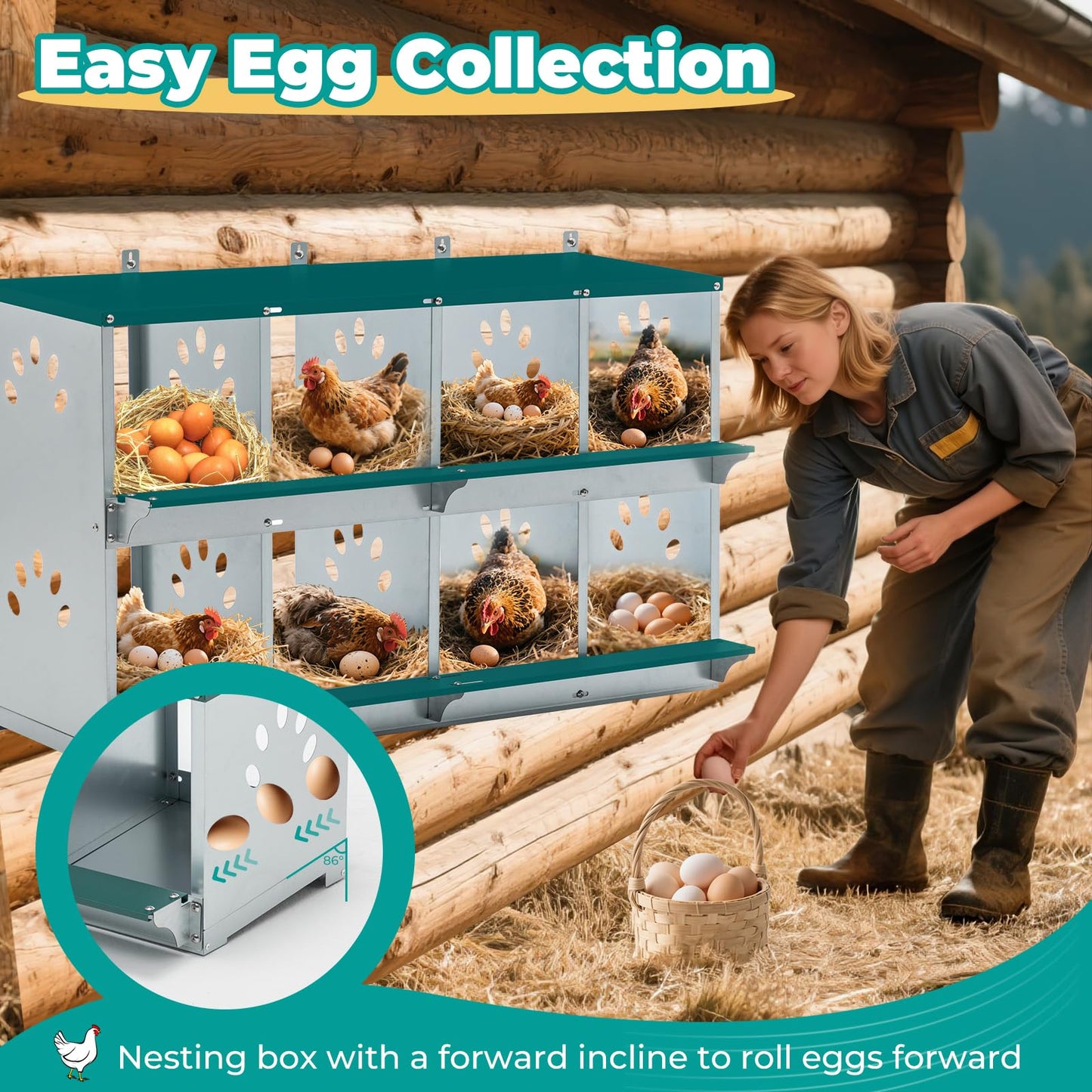 Yafylly Chicken Coop Nesting Boxes, Wall Mountable Metal Chicken Nesting Box, Easy Egg Collection Roll Away Nesting Boxes Chicken, Roosting Boxes for Chickens, 8 Compartments