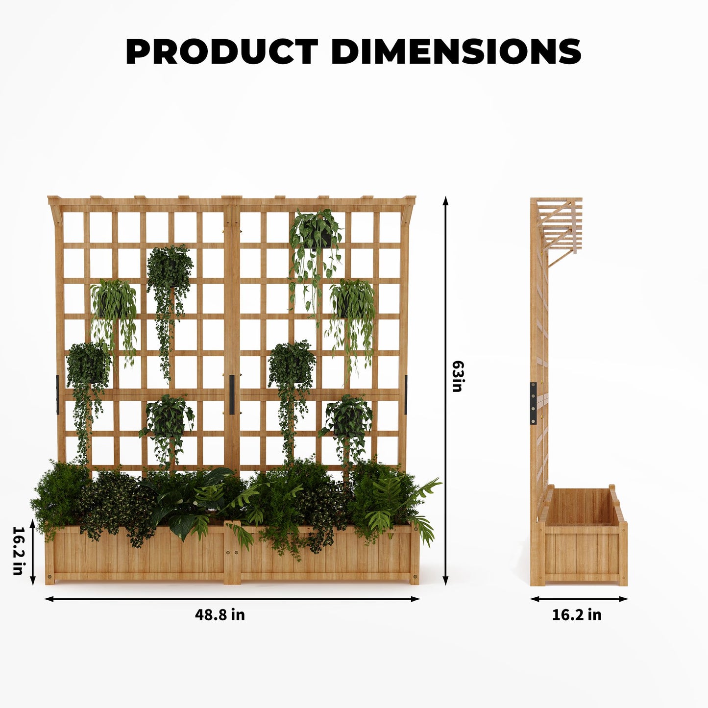 Dual-Section Elevated Wood Planter Box with Trellis - Outdoor Raised Garden Bed with Hanging Roof, 1.4ft Deep Large Planter for Climbing Plants, Vegetables & Flowers (8 Drainage Holes)