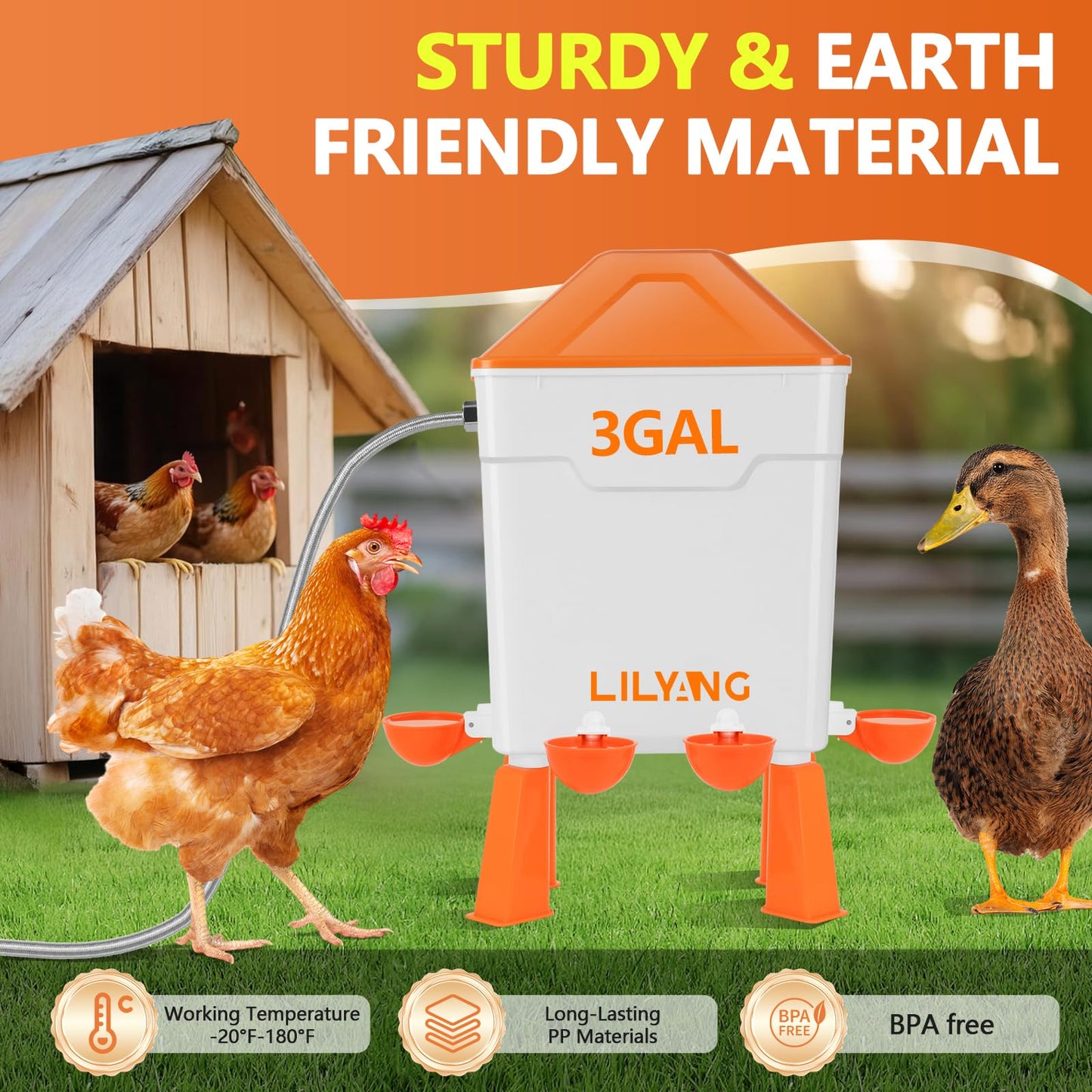 Lilyang Automatic Chicken Waterer 3 Gallon | Float-Control Poultry Waterer, Hanging/Standing Design, Connect to 3/4'' Faucet & Hose, Effortless Hydration Solution for Backyard Coop & Small Farm