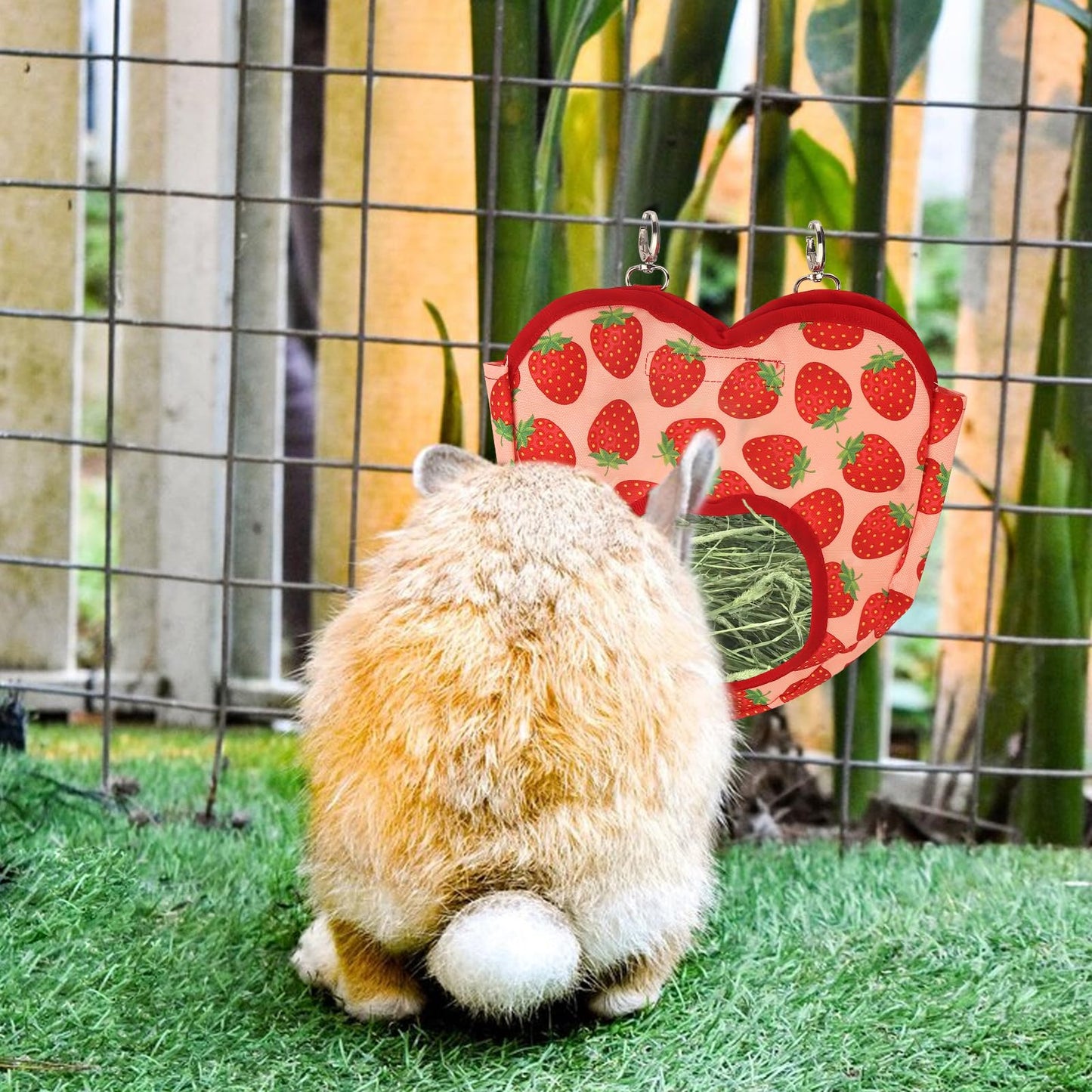 Estivaux Rabbit Hay Feeder Bag Strawberry Guinea Pig Hanging Hay Feeding Bag with Hole Pet Storage Dispenser for Chinchilla Hamster Bunny Small Pet Animals
