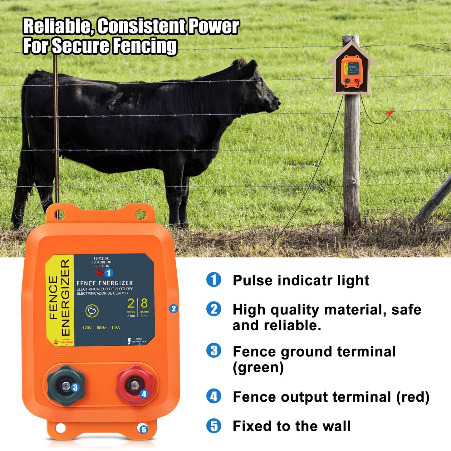 PE2 Electric Fence Energizer Plus 250 Feet Electric Fence Kit 0.10 Joule Livestock Fence Chargers for Accommodating Pets Livestock and Preventing Wildlife Invasion (Aluminum Wire)