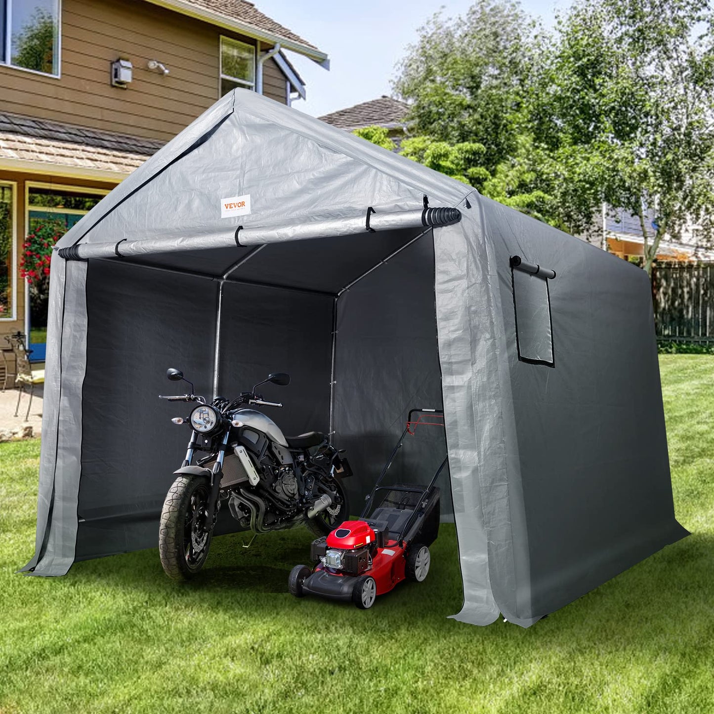 VEVOR Portable Shed Storage Shelter Outdoor, 10x10x8.5 ft Heavy Duty Instant Storage Tent Tarp Sheds with Roll-up Zipper Door and Ventilated Windows for Motorcycle, Bike, Garden Tools
