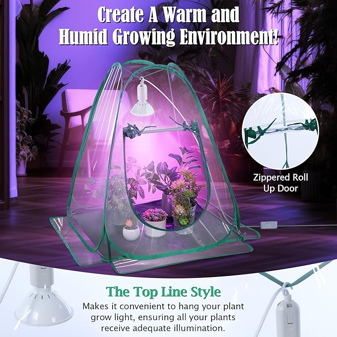 Meonum Mini Greenhouse with 10W 200 LED Grow Light Bulbs for Indoor, 27" x 27" x 30" Pop Up Small Greenhouse Cover with Bottom Waterproof Bottom Mat for Indoor Outdoor Plants Seed Starting