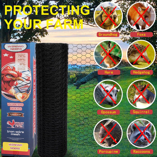 Wirewonders Black 19GA Chicken Wire 36inx150ft, Chicken Wire Fencing, Garden Fence, Metal Poultry Wire Netting, Galvanized PVC Coated Mesh for Animal/Rabbit/Floral/Chicken Coop/DIY Projects.