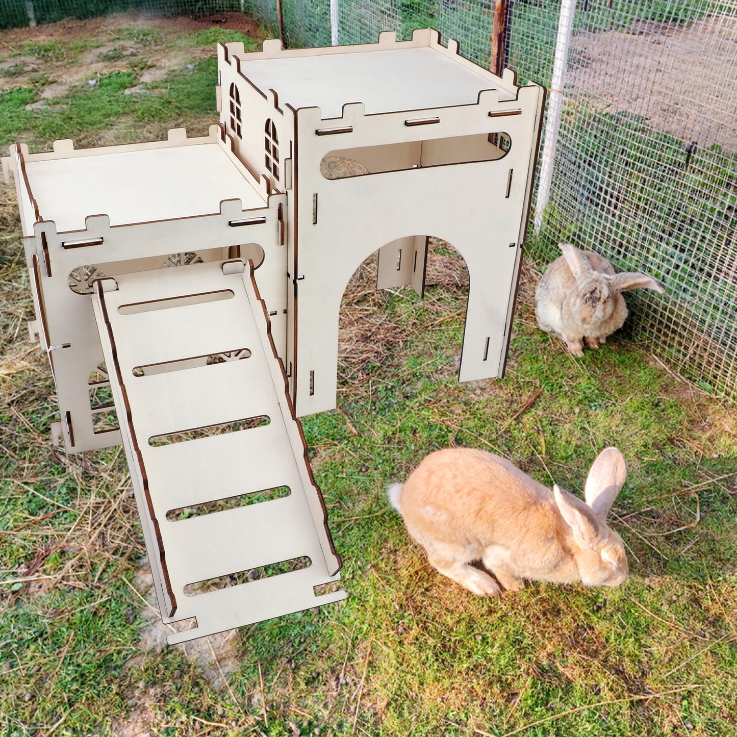 Rypet Large Wooden Rabbit Castle Bunny House, Sturdy Wood Bunny Castle with Stair, Detachable Rabbit Hideaway Breathable Small Animal Indoor Playhouse for Rabbits Hamster Guinea Pig Chinchilla Ferret