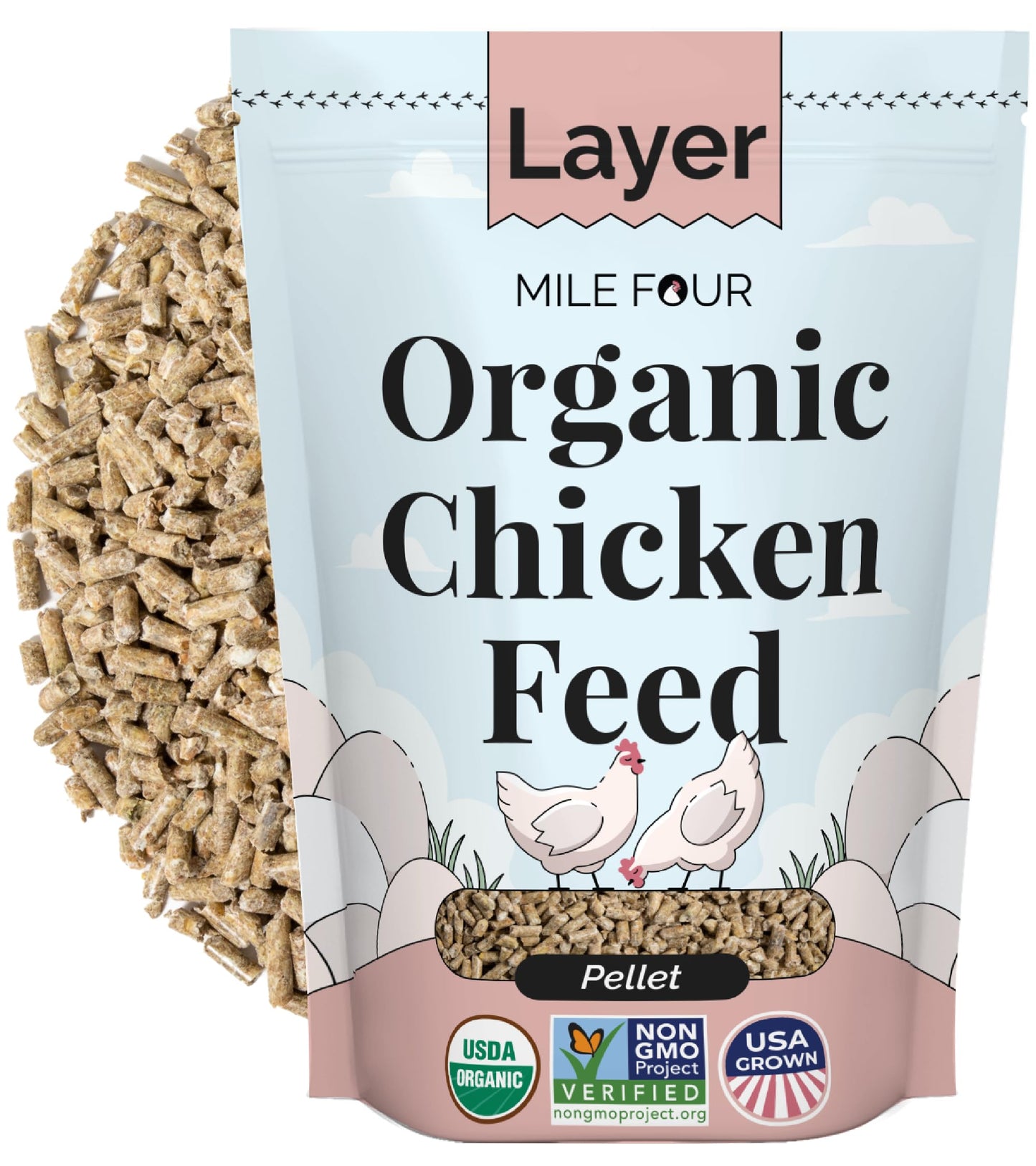 Mile Four Organic Chicken Feed – Layer Pellet, Non-GMO, USA Grown, 16% Protein, Corn-Free, Soy-Free, Non-Medicated Feed for Chickens, 2 lbs Sample
