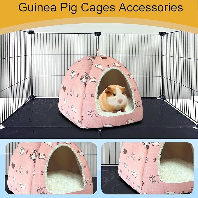 LUCKITTY Guinea Pig Hideout Bed 11.8-Inch Cube - Cozy Small Animal House for Guinea Pigs, Chew-Proof Hideaway with Ventilation (Pink, Adorable Guinea Pig Print)