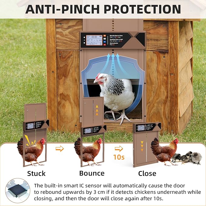 Automatic Chicken Coop Door, 4 Modes LCD Display Chicken Coop Door Solar Powered with Timer & Light Sensor, Aluminum Alloy Automatic Chicken Door with Anti-Pinch, IPX45 Waterproof