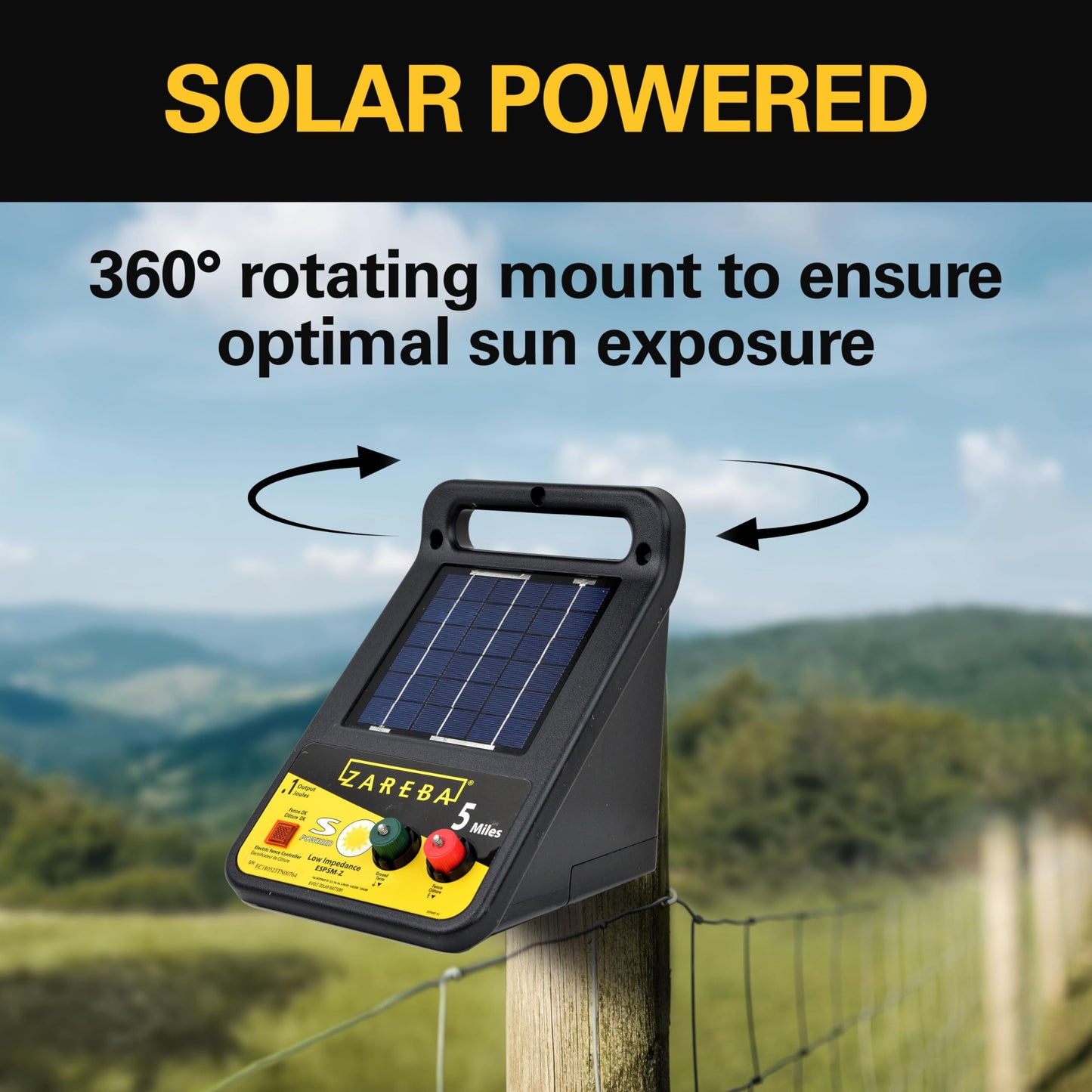 Zareba ESP5M-Z Solar Powered Electric Fence Charger - 5 Mile Lightning Electric Fence Energizer, Low Impedance, Contain Animals and Keep Out Predators, Black