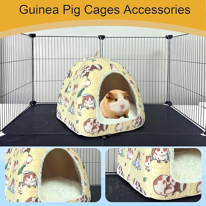 LUCKITTY Guinea Pig Hideout Bed 11.8-Inch Cube - Cozy Small Animal House for Guinea Pigs, Chew-Proof Hideaway with Ventilation (Yellow, Adorable Guinea Pig Print)