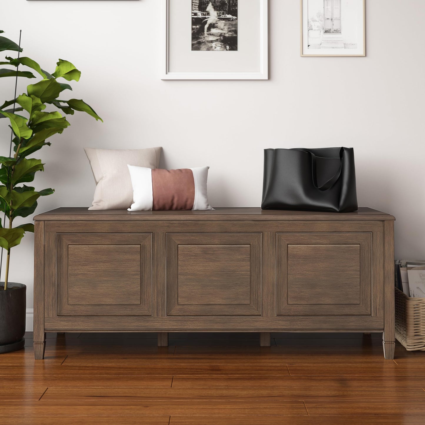 SIMPLIHOME Connaught Entryway Storage Bench - 51 inch Wide Solid Wood Storage Trunk Seat in Natural Aged Brown, Traditional Bench for Entryway or Living Room with Lift-Up Lid and Decorative Moulding