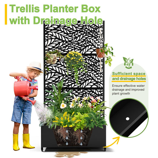 FENCY Metal Raised Garden Bed with Wheels and Trellis,73"x35"x16" Planter Box for Climbing Plants, Vegetables & Vines, Features Privacy Screen and Drainage Holes (Black-Leaf)