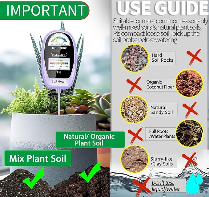 HSLGOVE Soil Test Kit, 2-in-1 Soil Moisture Meter/Soil PH Meter, Dual Screen Soil Tester, Soil Moisture Meter for Plants Watering/Gardening for Lawn,Farm Indoor&Outdoor Use-AgatePurple
