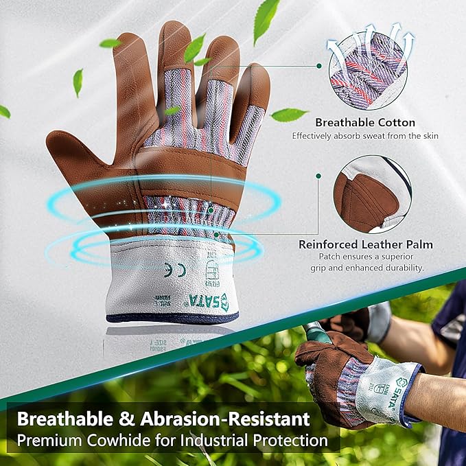 SATA Heavy Duty Halfleather Work Gloves, Doublelayer Cowhide, Cotton Lining, Leather Palm, Gardening, Yard Gloves