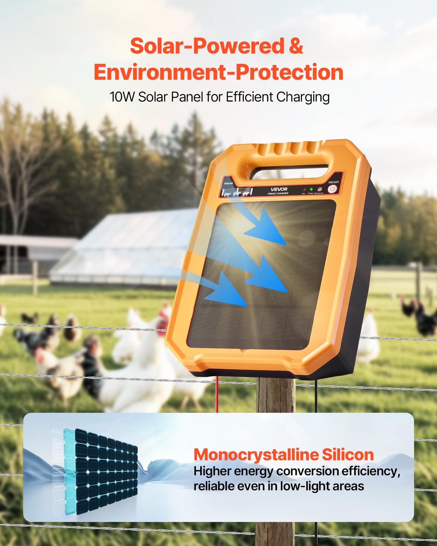 VEVOR Solar Fence Charger, 0.3J 8 kV Solar Powered Fence Charger, Weather-Resistant Electric Fence Energizer Kit, 7 Days Runtime, for Livestock, Poultry, Garden Protection