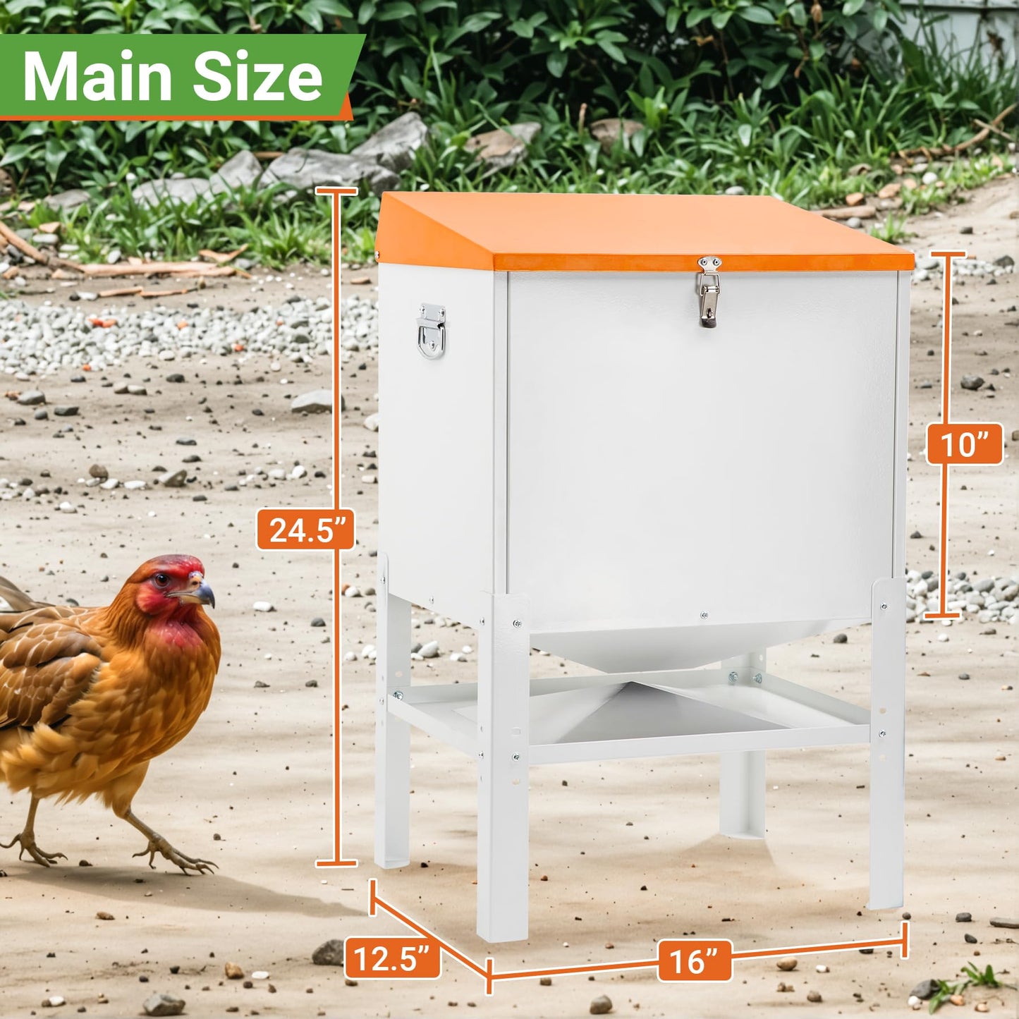 Toriexon Chicken Feeder, 50LBS Capacity Metal Poultry Feeder (16” x 12.5” x 24.5”) for 10 Chickens, Powder-Coated Steel Feeder w/Waterproof Lid and Stainless Handles