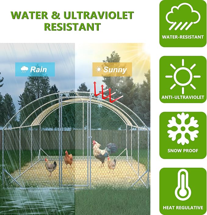 Large Metal Chicken Coop, Walk-in Chicken Run Pen with Waterproof Anti-UV Cover, Dome Roof Poultry Cage for Outdoor, Backyard, Farm (9.84'L x 19.68'W x 6.56' H)