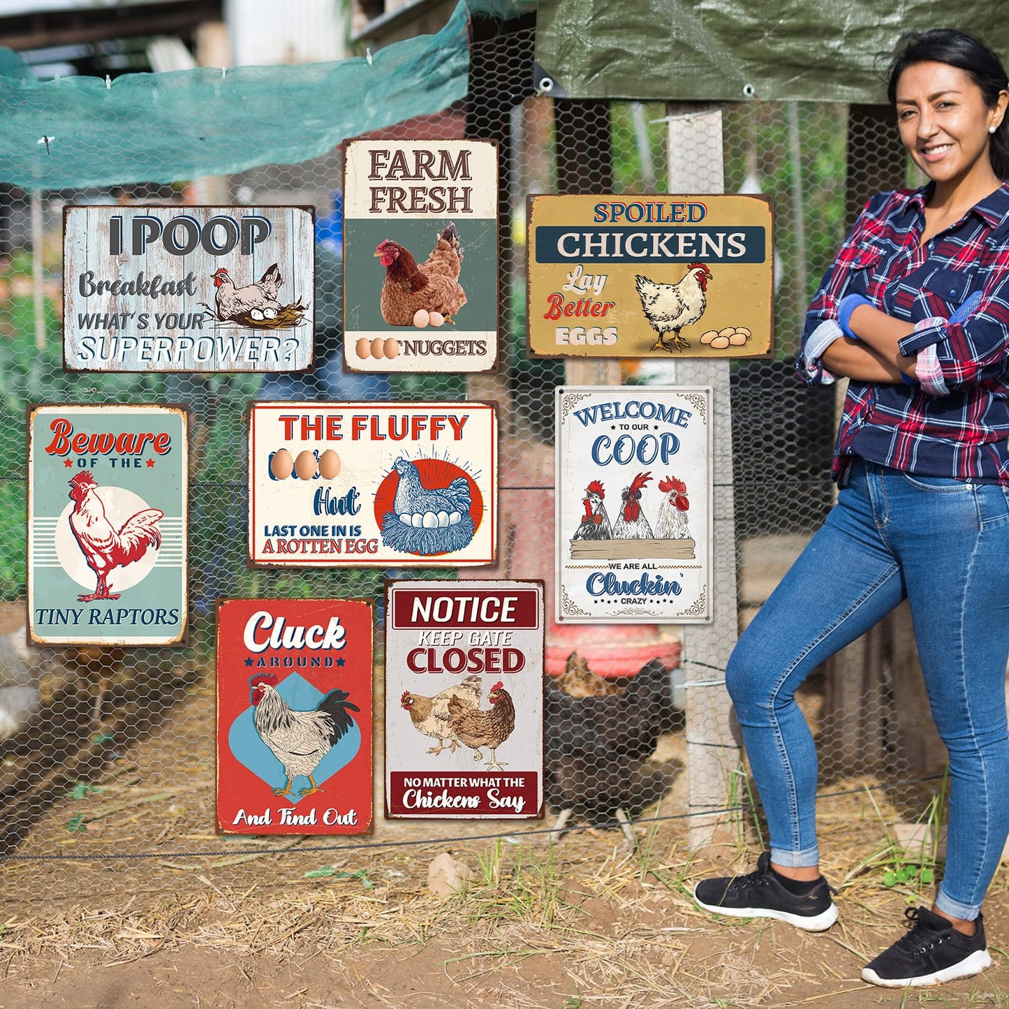 Yoyuspy Funny Chicken Coop Decor, 8PCS Metal Chicken Coop Signs Accessories Outdoor, Farm House Personalized Gifts for Yard Fence Decor 12x8 Inches