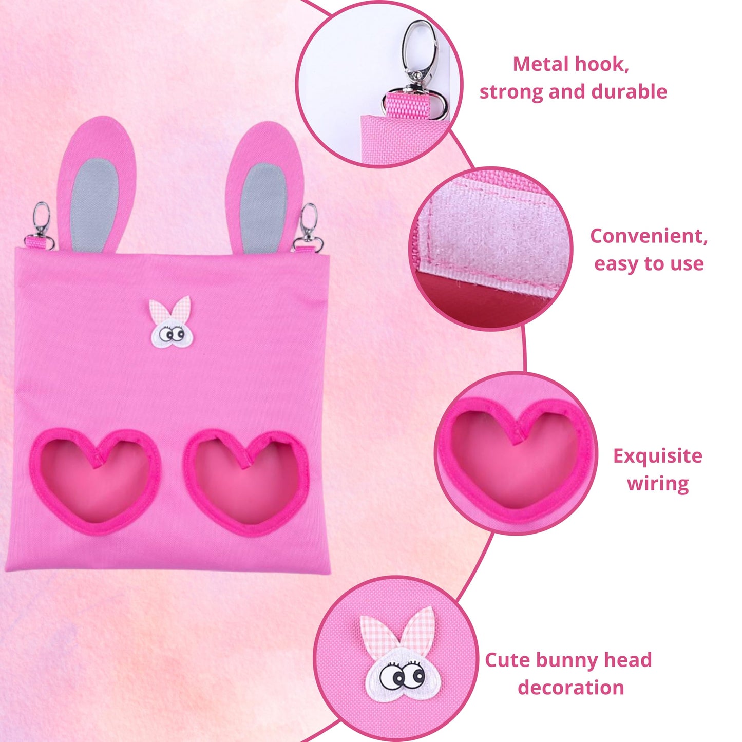 Hanging Rabbit Hay Feeder Bag with Chew Toys Set, Guinea Pig Hay Feeder, Bunny Feeders Holder Storage for Small Pets Bunnies Chinchilla Guinea Pigs Hamster Rats (Pink)