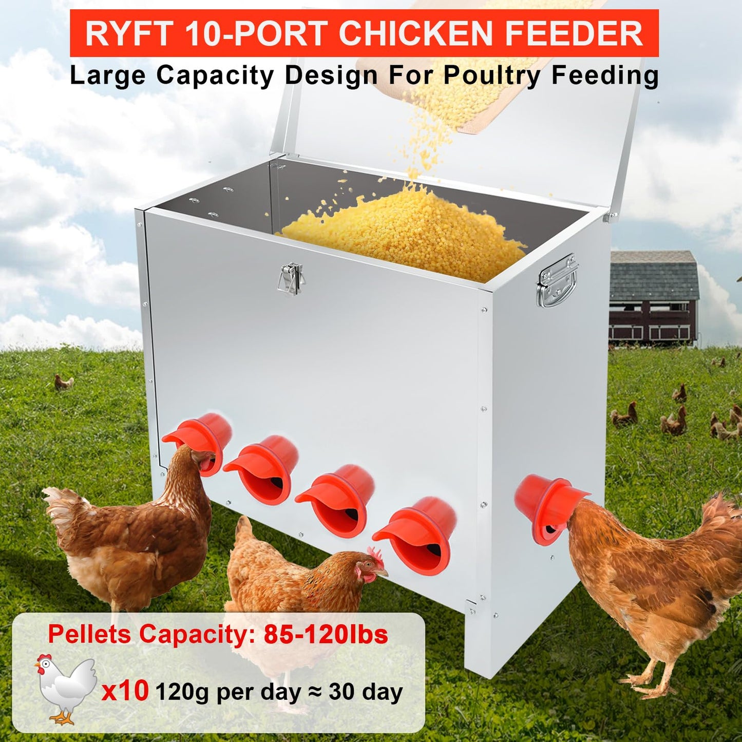 RYFT 85lbs Automatic Chicken Feeder Large Capacity, 10-Port Galvanized Metal Poultry Feeder for Chickens, Geese, Ducks, Turkeys, Quails