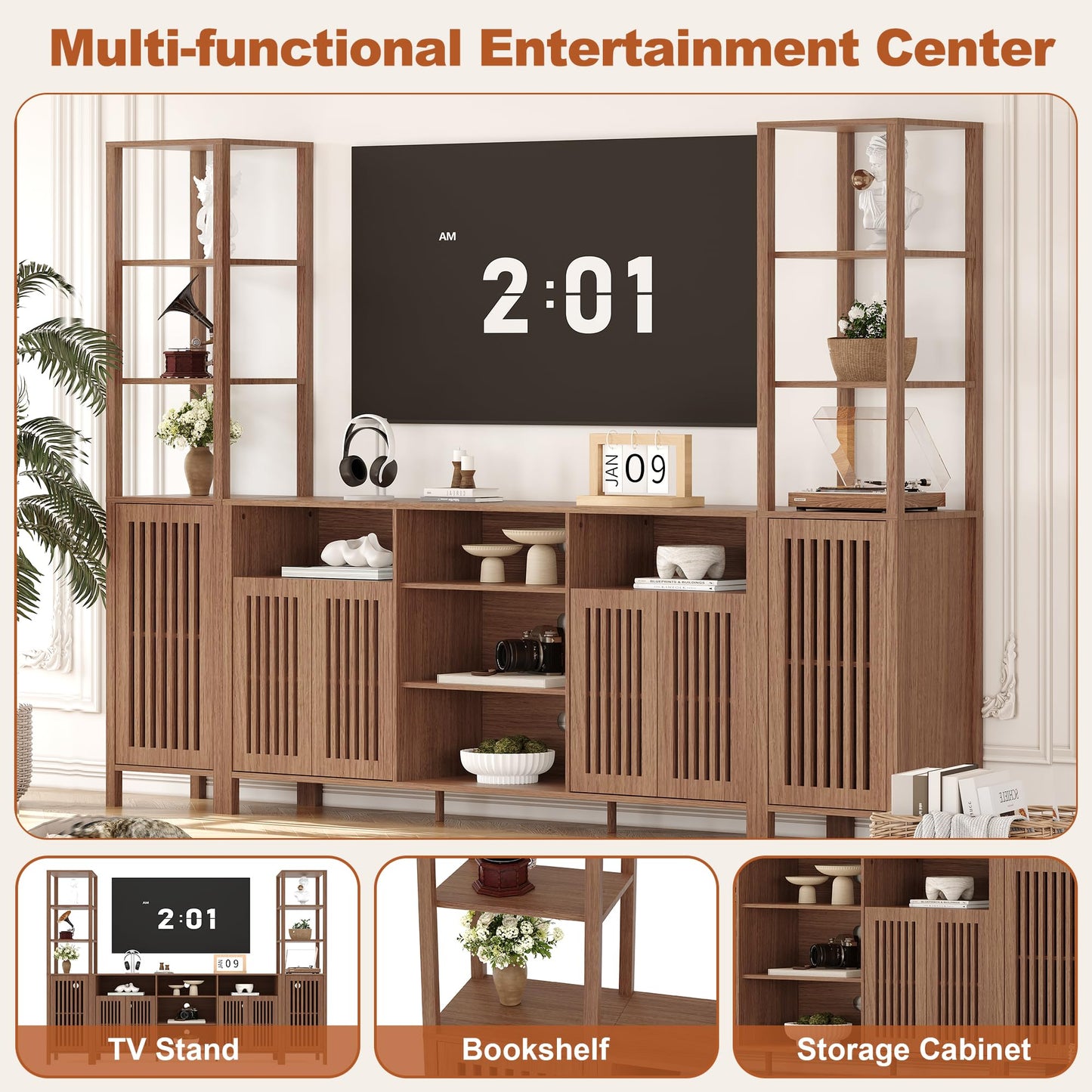 Farmhouse TV Stand for TVs Up to 70 in, Entertainment Center with Bookshelves, Media Center with Storage Cabinet & Adjustable Shelves for Living Room Bedroom Home Theater