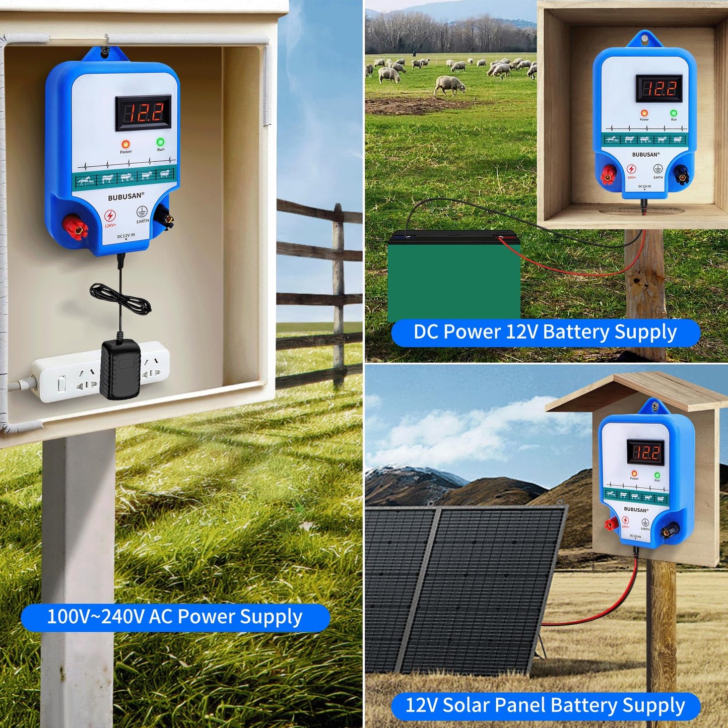 bubusan Electric Fence Charger for Livestock - 3 Joules Electric Fence kit, 10 Mile Electric Fence Controller with LED Display for Backyard, Garden, Farm, Repels Large Wildlife