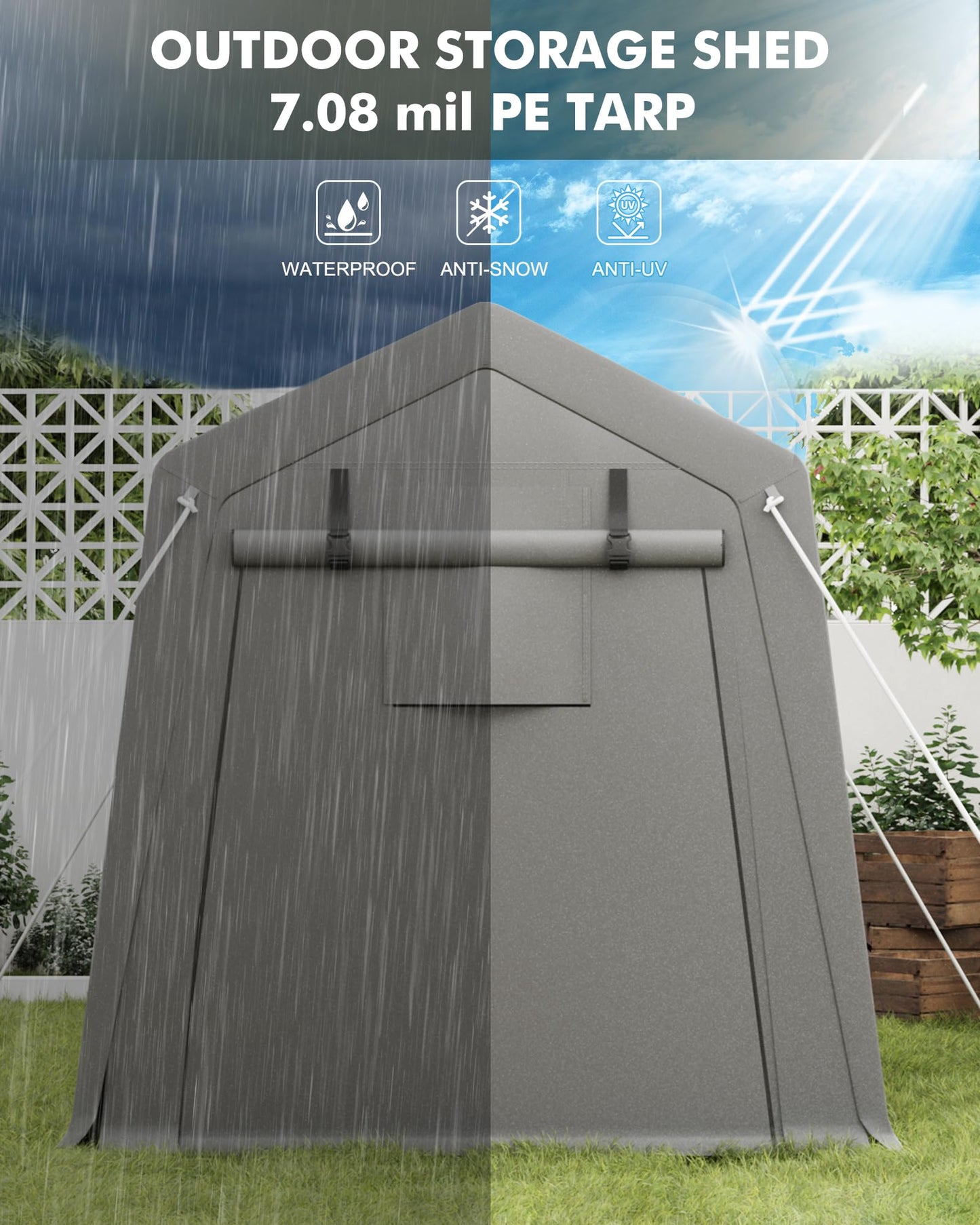 7 x 10 ft Portable Carport, Storage Shed with Heavy Duty Waterproof Tarp & 2 Roll-Up Zipper Doors, Ideal Tent for Motorcycles, Bikes, Garden Tools, and Firewood