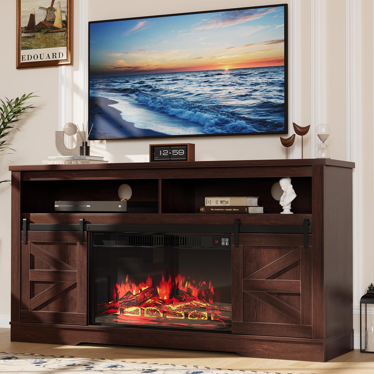 YESHOMY Fireplace TV Stand for Television up to 65+ Inch with Storage and Farmhouse Sliding Barn Doors, Entertainment Center with Cabinet and Shelves, Media Console for Living Room, Dark Brown