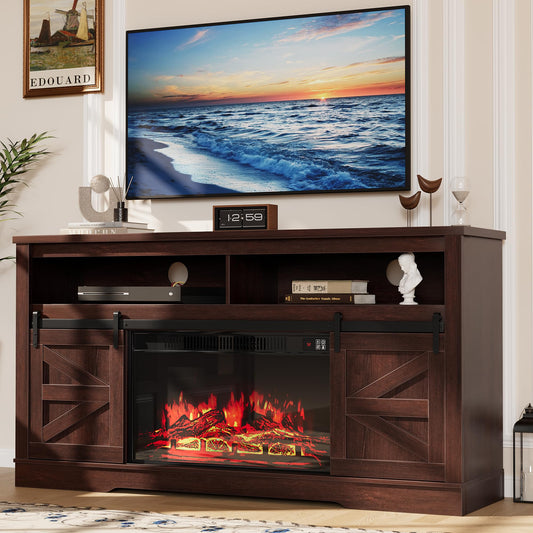 YESHOMY Fireplace TV Stand for Television up to 65+ Inch with Storage and Farmhouse Sliding Barn Doors, Entertainment Center with Cabinet and Shelves, Media Console for Living Room, Dark Brown