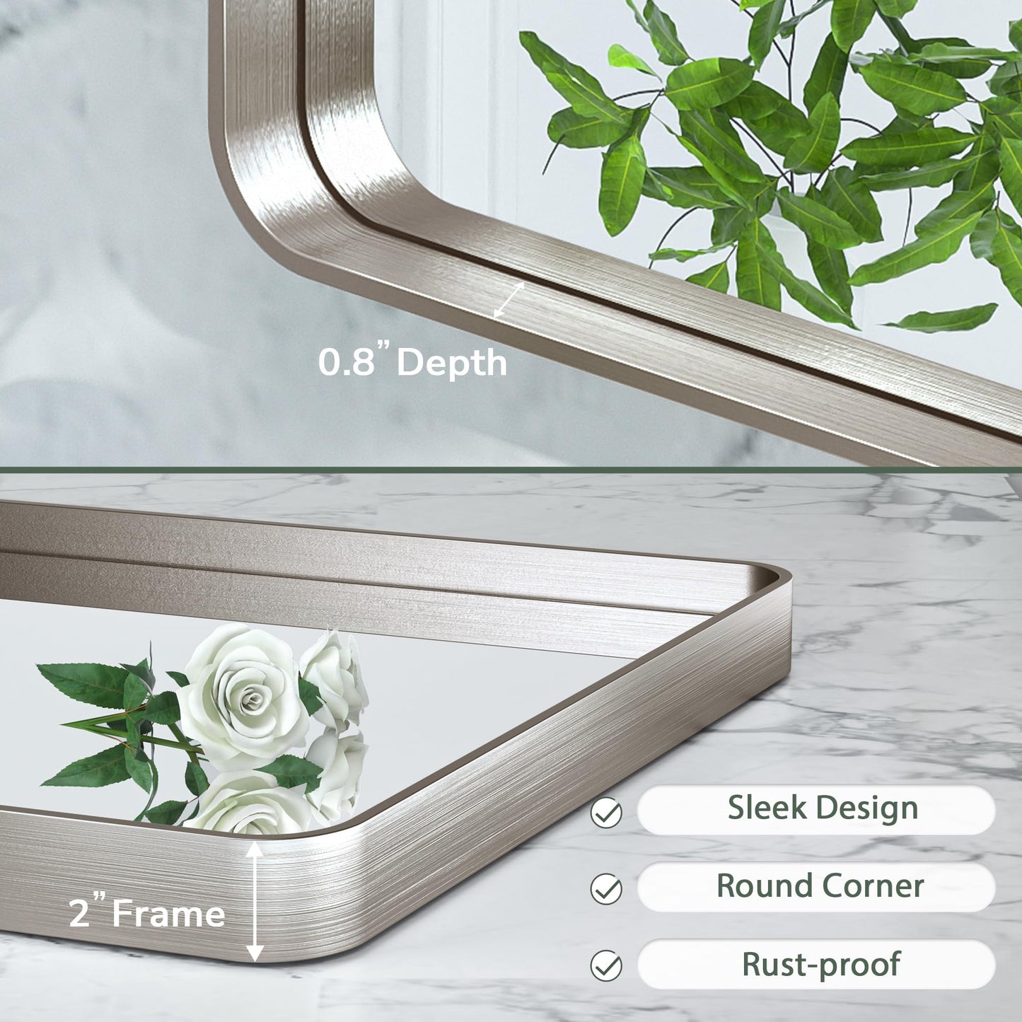 TokeShimi 60x36 Brushed Nickel Bathroom Wall Mirror Vanity Metal Frame Round Corner Rectangular for Home Decor Living Room Entryway