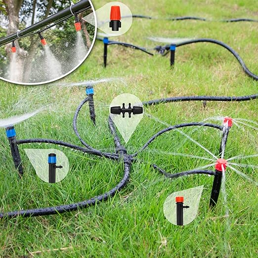 JAYEE 130FT Drip Irrigation Kit - Garden System With Nozzle Emitters, Tubing and Parts - Automatic Watering for Potted Plants, Greenhouse, Lawn