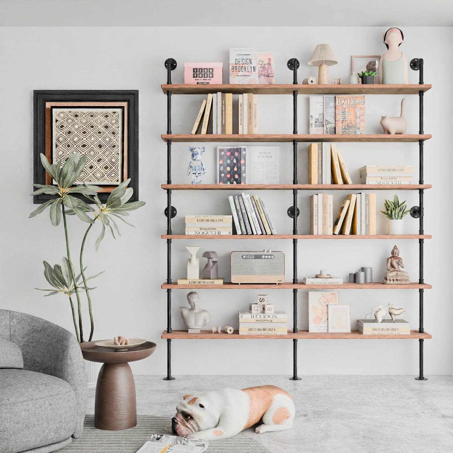 Anynice Industrial Ladder Shelf Bookcase, Wall Mounted Rustic Bookshelf, Retro Wood Metal Pipe Industrial Shelves for Living Room(Weathered Brown, 6 Tier - 10" D x 70" W x 82.5" H)