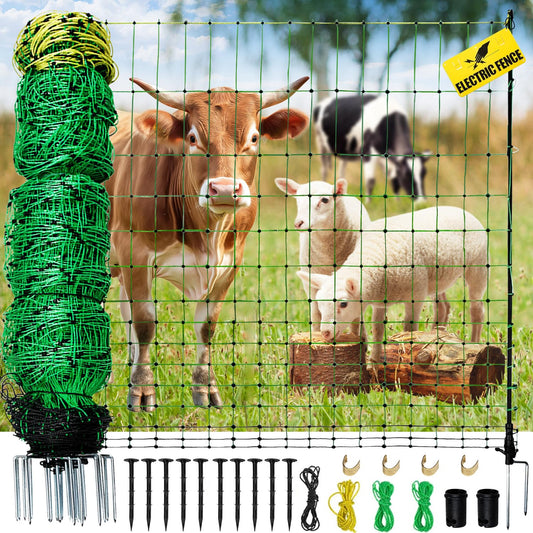 Electric Fence Netting, 164'L x 35.4" H Electric Anti-Predator Poultry Fence, PE Net Fencing Kit with 14 Posts Double Spiked, Movable Livestock Nets for Sheep, Hogs, Cattle and Other Poultry