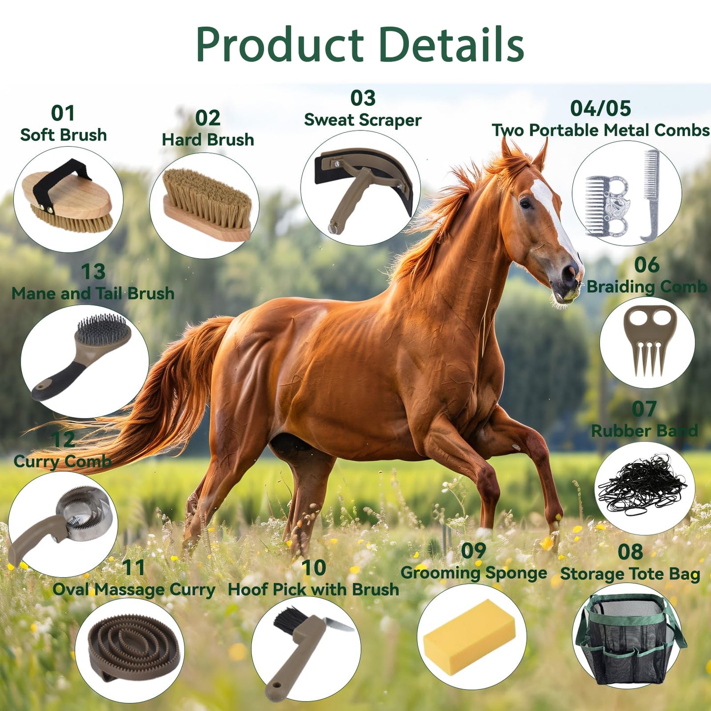 TERPUP Horse Grooming Kit 13 Piece, Horse Brushes for Grooming Supplies Set with Organizer Bag, Horse Brush & Curry Comb for Effective Cleaning, Gift for Horses Riders Beginners