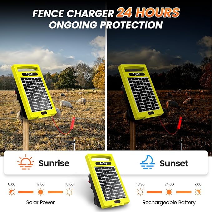 24 Hour Solar Electric Fence Charger, 20 Miles, Up to 10200v Output Range Electric Fence Charger, 0.32J Portable Energizer with Rechargeable Solar Panel for Livestock & Predator Protection