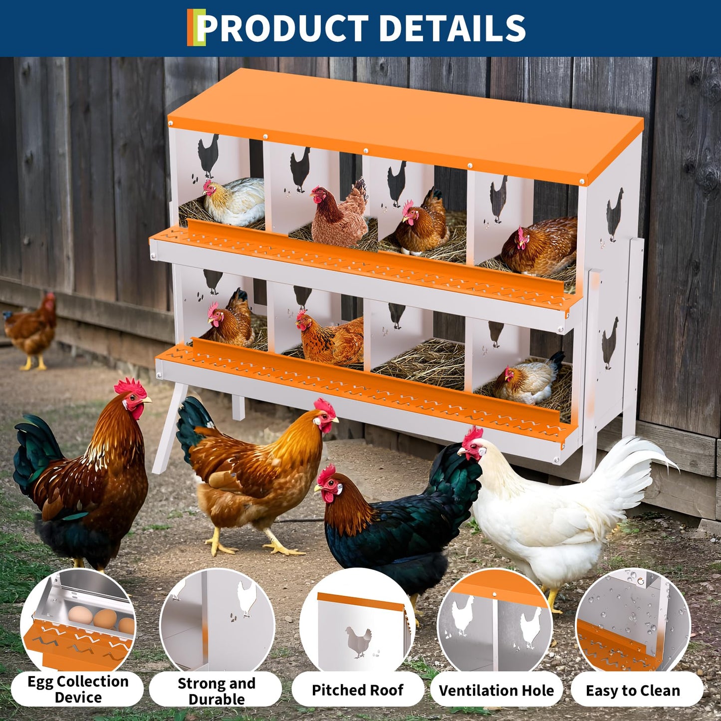 Chicken Nesting Box with Removable Tray,8 Compartment Nesting Boxes for Chickens,Easy to Clean and Install,Durable Chicken Laying Boxes for Chicken Coop,Protects Eggs-with Bracket Legs (Orange)