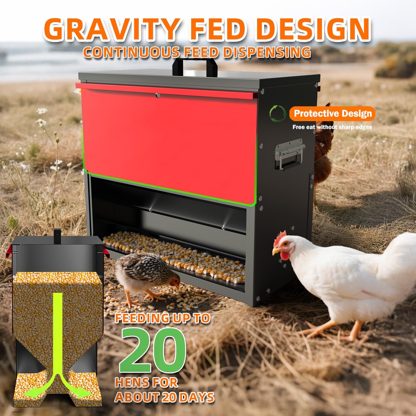 BUYYAH 100lb Capacity Chicken Feeder, Metal Poultry Feeder, No Waste Waterproof Chicken Feeder, Suitable for Geese, Ducks, Turkeys, Quails