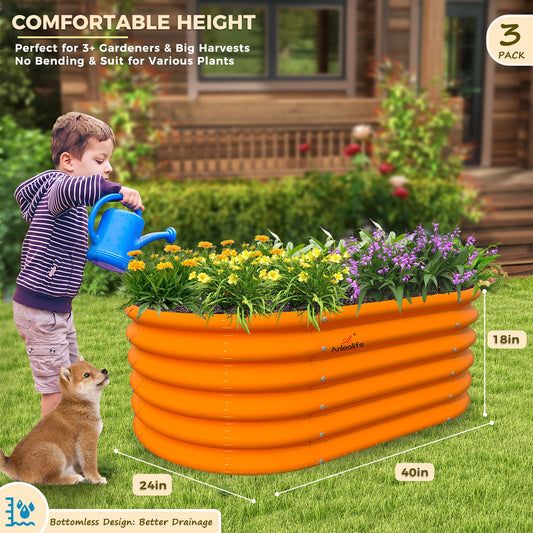 A ANLEOLIFE Kids Raised Garden Beds Outdoor (3-Pack)-40x24x18in Oval Round Galvanized Metal Planter Box for Planting Vegetables, Flowers, Fruits, Eco-Safe & Easy Setup, Peach Orange