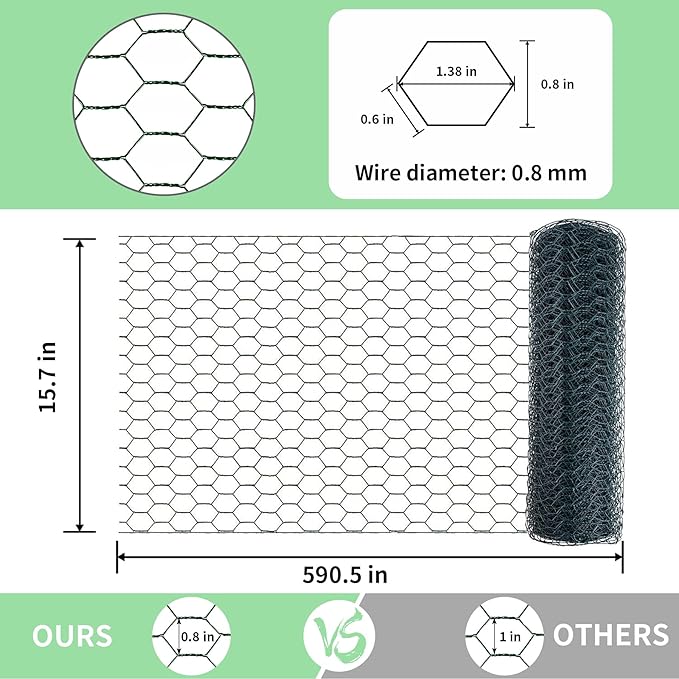 Chicken Wire 15.7 in x 590.5 in Poultry Wire Netting Hexagonal Galvanized Mesh Garden Fence Barrier for Pet Rabbit Chicken Fencing with 100 Pcs Cable Zip Ties(PVC-Coated)