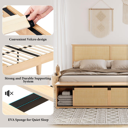 GarveeHome Natural Rattan King Size Bed Frame with Sliding Barn Door Storage Cabinets and Headboard, Boho Farmhouse Wood Platform Bed with Solid Wood Legs Support, No Box Spring Needed