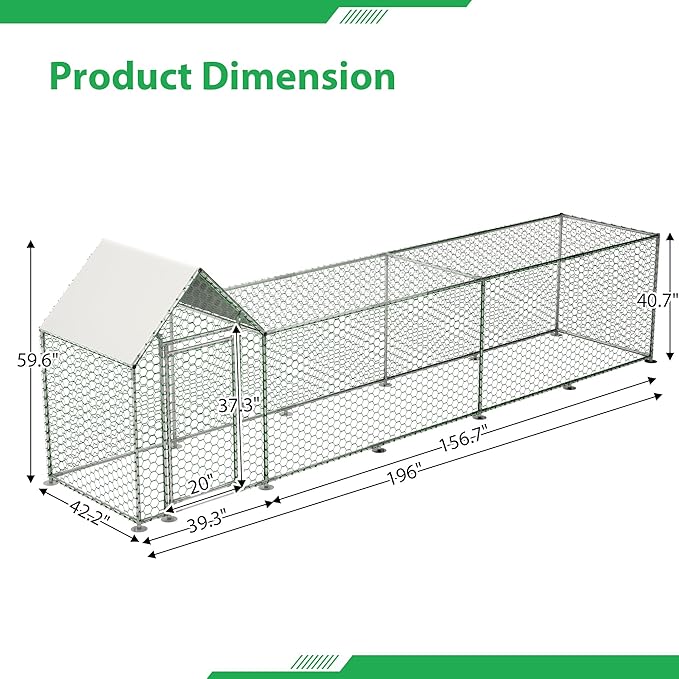 Metal Chicken Coop,16x3FT Walk-in Chicken Run,Galvanized Wire Poultry Chicken Hen Pen Cage, Rabbits Duck Cages with Waterproof and Anti-Ultraviolet Cover for Backyard and Farm