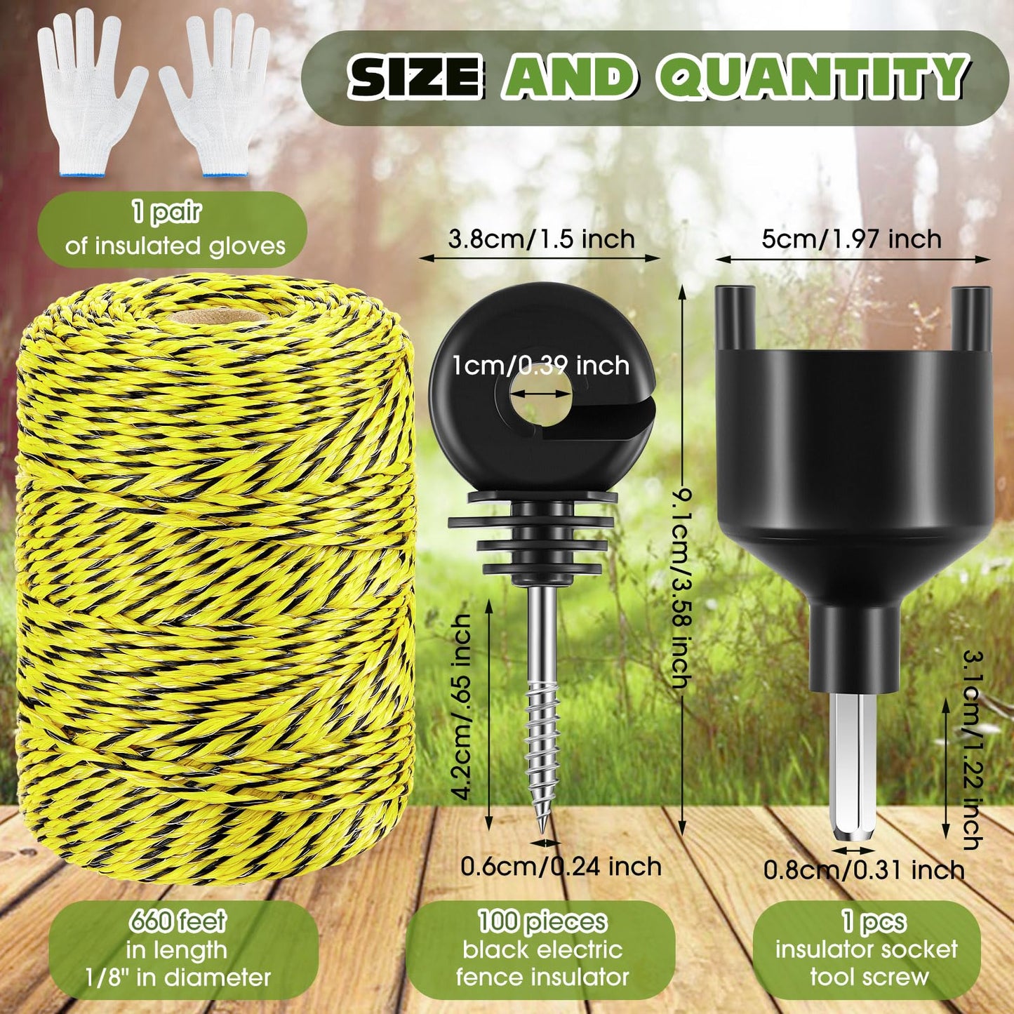Sweetude 660 Feet Electric Fence Polywire and 100 Pcs Electric Fence Insulator with 1 Pcs Insulator Socket Tool Resistant Glove Electric Fence 6 Stainless Steel Strands for Fence Landowner Farmer