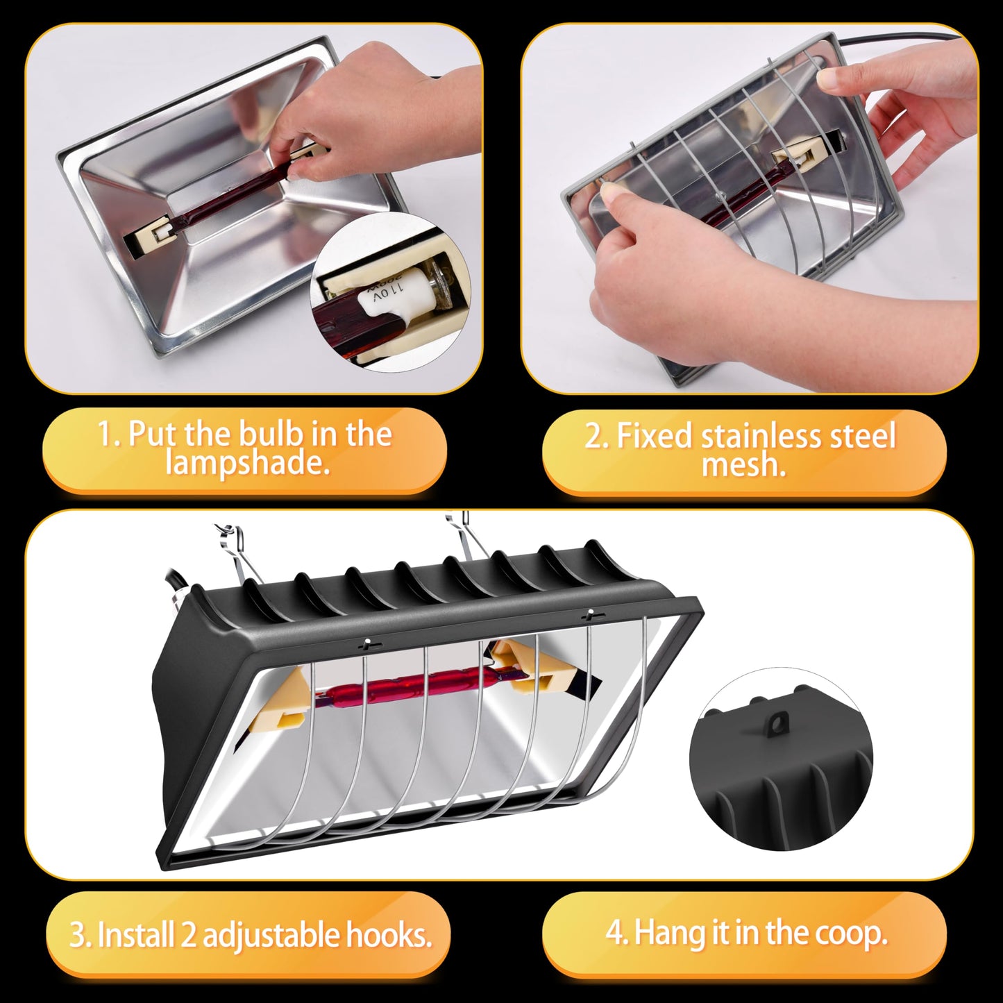 Chicken Brooder Heater Lamp 250W Brooder Heating Plate for Chicks Hanging Light Heated Adjustable Temp & Height with Anti-Fall Aluminum Alloy Lamp Shade Suitable for Chickens, Ducks, Poultry (black)