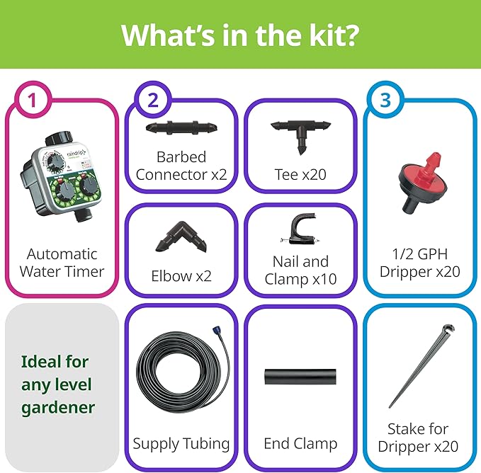 Raindrip R560DP Automatic Drip Irrigation Watering Kit with Customizable Timer for Containers and Hanging Baskets, Waters up to 20 Plants, Includes 20 PC Drippers, Black