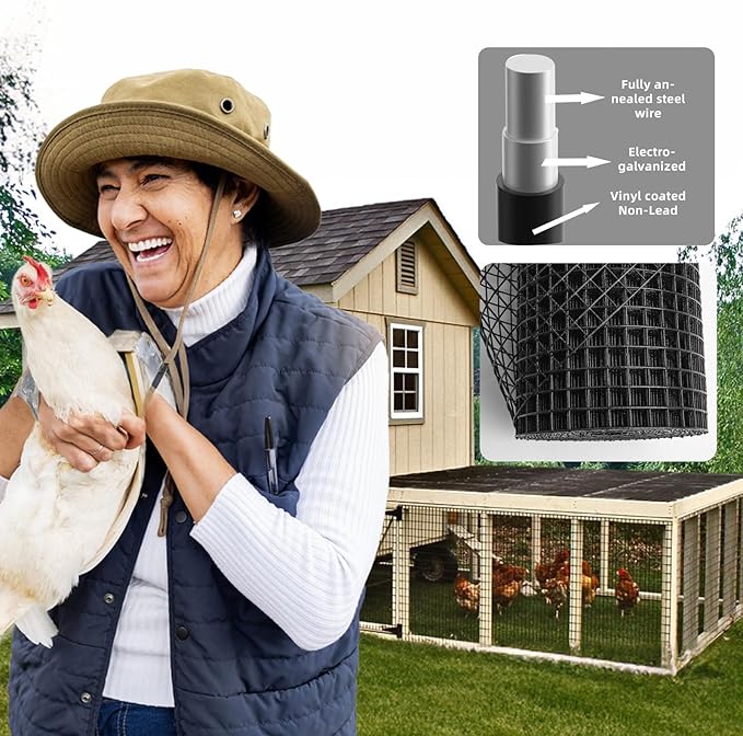 Black PVC Vinyl Coated Wire Mesh Hardware Cloth 1/2 inch 36 x 100 ft 19 Gauge, Double-Layer Rust-Proof Design, Easy to Bend and Durable, Chicken Wire Mesh, Tree Guard, Rodent Wire