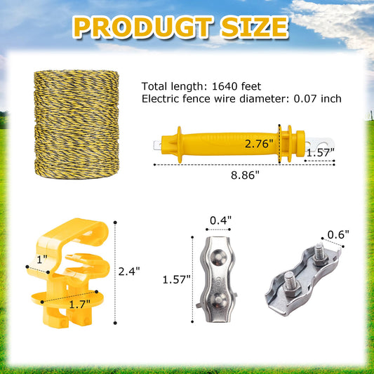 Electric Fence Wire Kit - 1640 Feet 500 Meters Electric Fence Polywire, 50 PCS T-Post Insulators, 4 PCS Robber Electric Fence Gate Handle Insulators, 20 PCS M4 Poly Rope Connectors